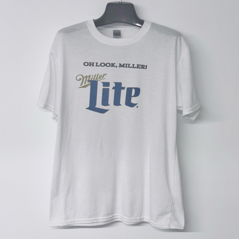 Miller Lite White Graphic Tee with Blue and Gold Print - Men’s Large